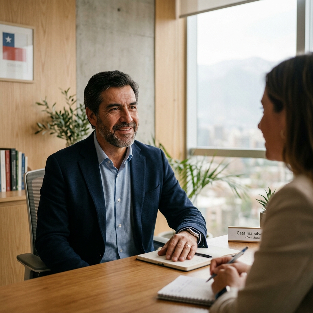 Profesional conversando con un consultor en una oficina corporativa
